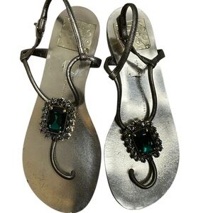 Elegant Silver Sandals with Green Gemstone